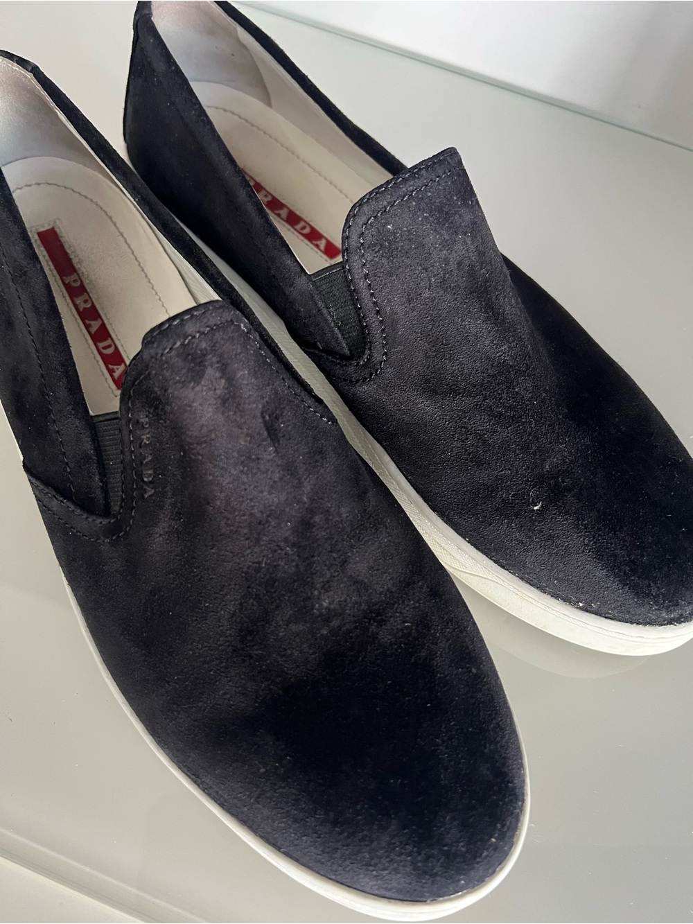 Prada Black Suede Slip-On Loafers with White Sole